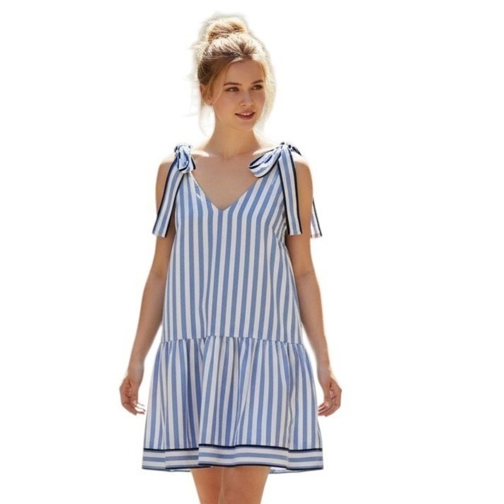 Entro Stripe Shoulder Tie V-neck Women's size Large Coastal Preppy Resort Dress